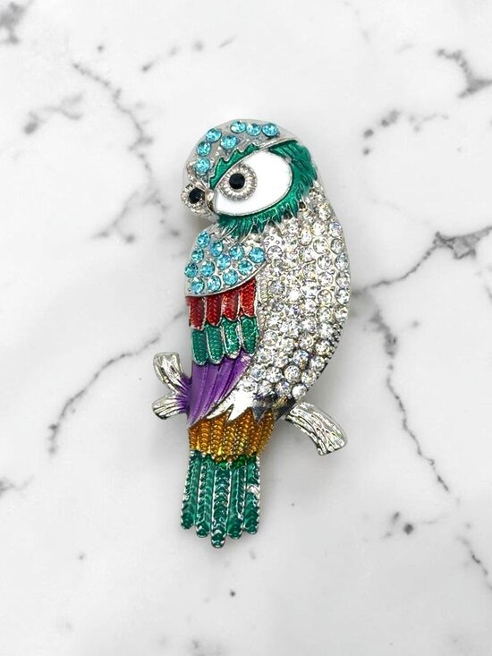 Jewelry - Silver-Tone Rhinestone and Enamel Owl Brooch